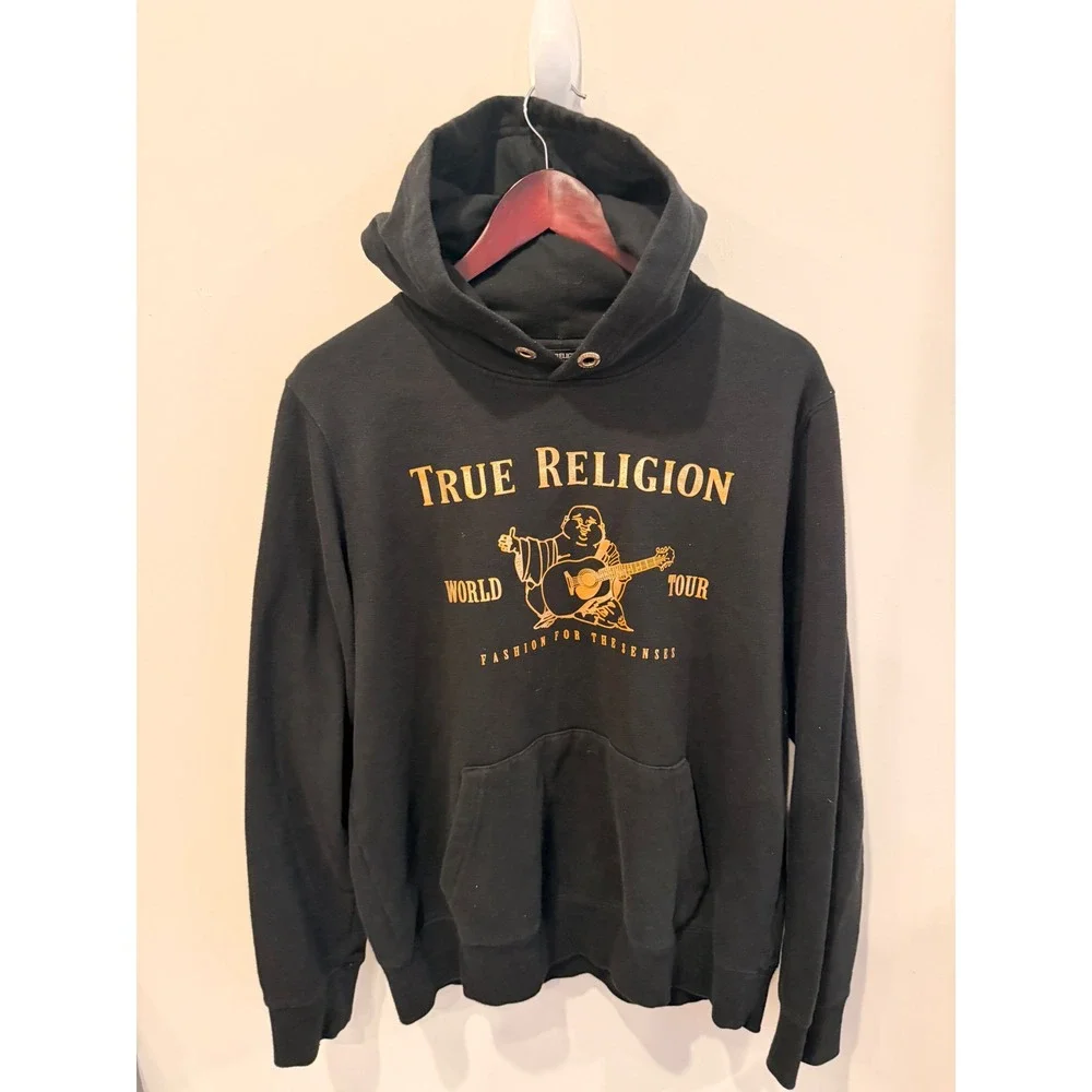 True Religion Hoodie Black Gold Logo World Tour Pullover Large